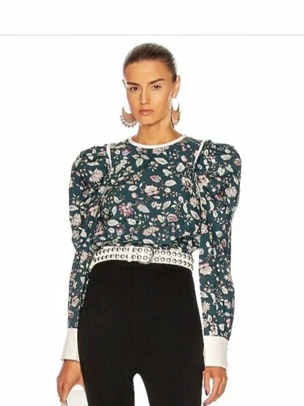 Isabel Marant Celwood Dark Green Floral Puff Sleeve Blouse Size EU 40 US L - Picture 1 of 8